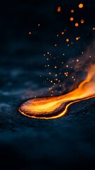 Poster - Mesmerizing close up view capturing the incandescent glow of molten lava flowing across the dark, textured surface of volcanic rock at night, showcasing nature's raw power