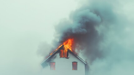 Poster - Large flames and billowing smoke rising from the roof of a burning residential house during a foggy day, creating a dramatic and devastating scene