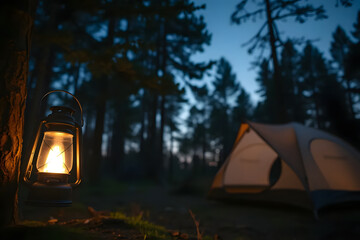 a warm lantern glows softly in a serene forest campsite, illuminating the surrounding nature and a n