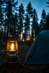 a warm lantern glows softly in a serene forest campsite, illuminating the surrounding nature and a n