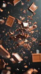 Aufkleber - Many delicious milk chocolate pieces are exploding on a dark background, creating a visually appealing and dynamic scene perfect for advertising or promoting chocolate products