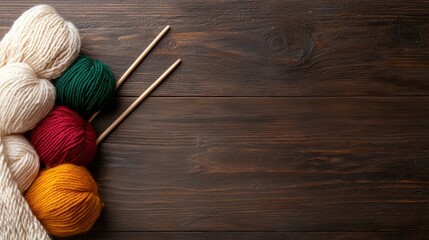 Wall Mural - colorful yarn and knitting needles on wooden table