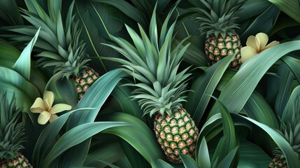 Leinwandbilder - Tropical seamless pattern showcasing pineapples surrounded by lush green leaves and tropical flowers. Generative AI
