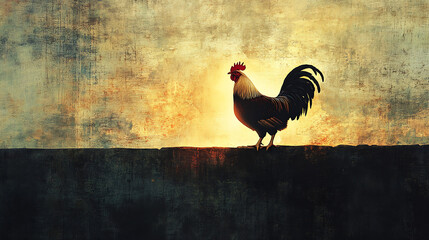 A rooster highlighted in golden morning light atop a rustic stone wall, Saint Peter’s silhouette kneeling in shadow on the surface of a nearby building, warm and muted tones, cinematic storytelling,