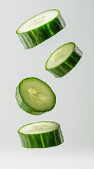 Aufkleber - Four slices of fresh cucumber are levitating against a minimalist white backdrop, creating a visually appealing display of healthy, refreshing ingredients