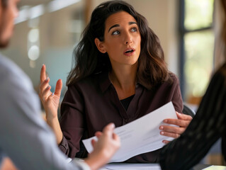 Wall Mural - Woman Engages in Collaborative Discussion with Colleagues Using Paper Presentation