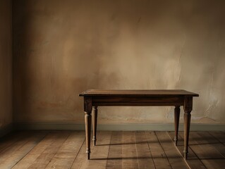 Wall Mural - Wooden table in a serene, empty room with soft lighting