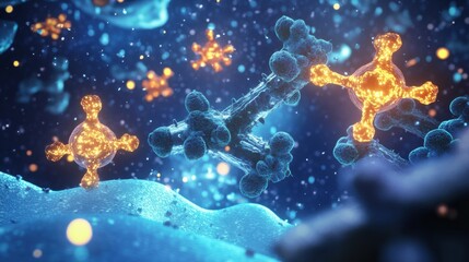 Leinwandbilder - Visualization of antibodies attacking glowing viruses in a microscopic environment. Generative AI