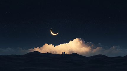 Crescent Moon and Cloud: A solitary crescent moon hangs in the inky black sky, casting its ethereal glow upon a single, luminous cloud that drifts across the landscape.