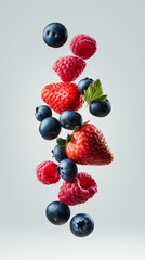 Aufkleber - Ripe strawberries, raspberries and blueberries with green leaves are levitating on a light grey background, creating a colorful and dynamic composition that emphasizes freshness and health