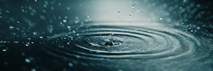 Poster - Close up of crystal clear water drop splashing into calm, dark blue water, creating concentric ripples expanding outwards, with smaller droplets scattering around