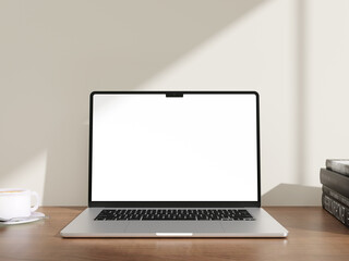 Laptop blank screen on wood table mockup, template for your text for background and device screen
