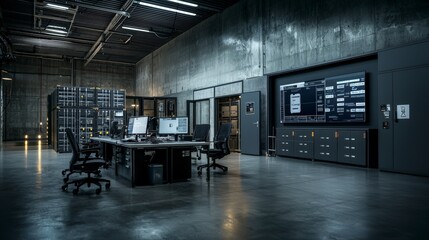 Fototapete - Secure cargo tracking operations modern warehouse digital monitoring industrial environment inside view technology concept