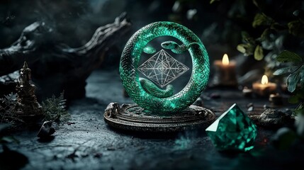 Poster - Ananta naga yantra illuminating serpent design in mystical forest setting art showcase enchanting ambiance