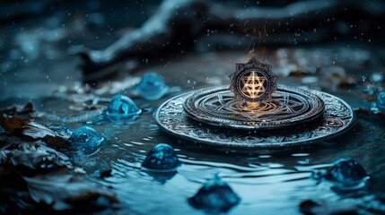 Aufkleber - Mystical machanu yantra illuminated on silver surface enchanted water setting surreal atmosphere artistic perspective