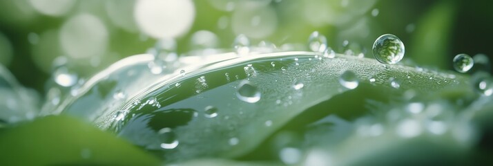 Poster - Sparkling water droplets resting on a vibrant green leaf, capturing the enchanting essence of nature's beauty following a refreshing rain shower, reveal intricate details of purity and life