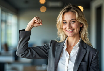 confident young caucasian female celebrating women's day in co-working space. #accelerateaction. int