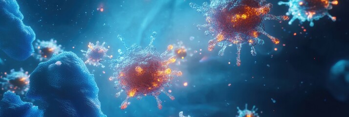 Leinwandbilder - Visualized antibodies engage with glowing viruses in a dynamic biological environment. Generative AI