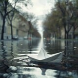Paper Boat Adrift in Flooded Street Amidst Rising Waters