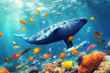 Aufkleber - Underwater wonder showcasing a whale gliding through vibrant schools of fish in a coral reef habitat. Generative AI