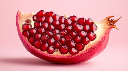Aufkleber - Single piece of pomegranate fruit, showcasing its vibrant red seeds, is levitating against a soft pink backdrop, creating a visually appealing contrast