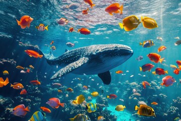 Poster - Whale swimming gracefully among vibrant school of colorful fish in clear ocean waters. Generative AI