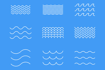 Ocean, sea waves flat simple lines vector set