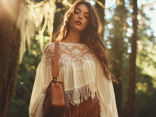 Wall Mural - A dynamic blend of Moto Boho vibes: a fringed shawl draped over a lace mini dress, paired with knee-high moto boots and a crossbody slouchy handbag