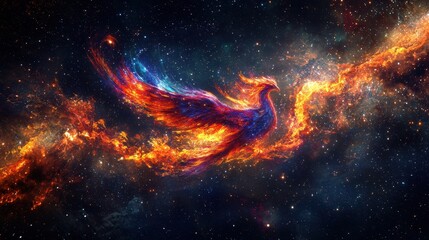 Poster - Fiery phoenix ascending in cosmic space vibrant digital art fantasy environment stunning visual perspective
