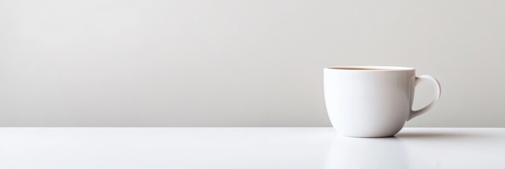 Aufkleber - White coffee cup with coffee inside resting on a white table against a white wall, creating a minimalist and serene atmosphere, perfect for showcasing designs or promoting relaxation