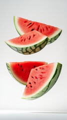 Aufkleber - Several slices of fresh, ripe watermelon with visible seeds are suspended in the air against a clean white backdrop, creating a vibrant and refreshing summer image