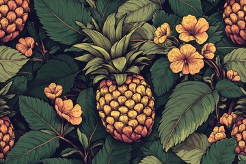 Poster - Vivid tropical seamless pattern of pineapples and flowers on lush green foliage creating a vibrant design for textiles. Generative AI