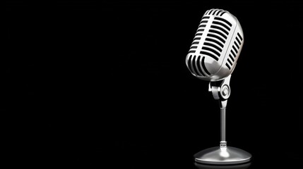 Poster - Classic microphone standing on a black background, ready for a singer, comedian, or speaker to use it for recording music, performing stand up comedy, or giving a speech