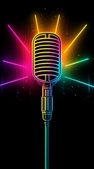 Poster - Colorful neon lights illuminate a vintage microphone on a dark background, creating a vibrant and exciting atmosphere perfect for music, singing, or stand up comedy performances