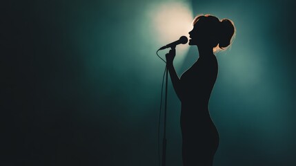 Poster - Silhouette of a female singer passionately singing into a microphone on a dimly lit stage, illuminated by a spotlight, creating a dramatic and captivating atmosphere