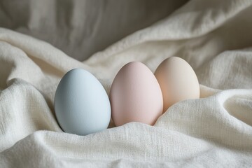 Poster - Minimalist background with abstract pastel-colored Easter eggs on soft linen fabric in neutral tones