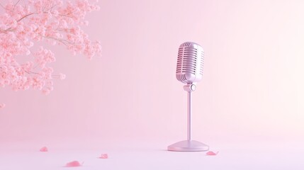 Poster - Silver metallic vintage microphone stands on a stand in a pink room with cherry blossoms and fallen petals, creating a serene and artistic atmosphere perfect for music, singing, or podcasting