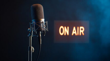 Poster - Professional microphone recording audio in a studio with an illuminated on air sign, capturing the immediacy of live transmission and the essence of audio production
