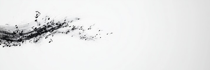 Poster - Black musical notes create a visually dynamic flow against a clean white backdrop, symbolizing the movement and energy of music, sound, or a melodic composition