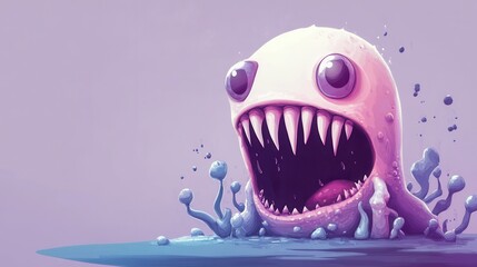 A whimsical pink monster with sharp teeth emerges from purple liquid