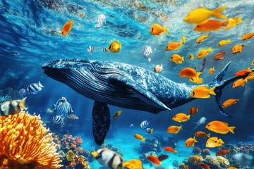 Aufkleber - Whale swimming among vibrant school of fish in colorful coral reef ecosystem. Generative AI