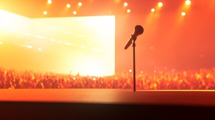 Leinwandbilder - Microphone positioned on stage, surrounded by an enthusiastic audience cheering in the background, generating an electrifying atmosphere filled with excitement and live entertainment