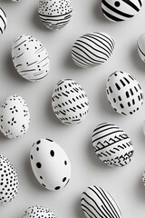 Sticker - Sleek black-and-white Easter background featuring minimalist hand-drawn egg patterns in a Scandinavian style on a light gray backdrop