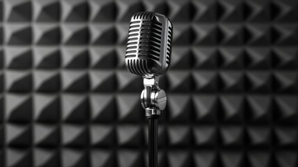 Poster - Retro microphone stands ready for a singer, podcaster, or voiceover artist in a professional recording studio, capturing high quality audio against a sound absorbing backdrop
