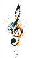 Poster - Vibrant colors splashing on a treble clef, symbolizing musical creativity, passion, and artistic expression, creating a dynamic visual representation of the power of music
