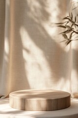 Poster - Soft linen background with light oak podium creates a serene space ideal for product displays or presentations