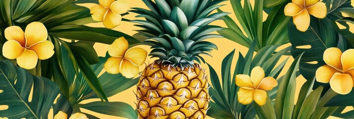 Aufkleber - Tropical seamless pattern featuring vibrant pineapples and yellow flowers on a bright background. Generative AI