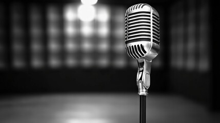 Leinwandbilder - Gleaming vintage microphone stands on stage in an empty club, awaiting the singer and the start of a performance, bathed in soft, dramatic lighting