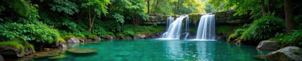 Dense green foliage surrounds a tranquil waterfall cascading into a crystal-clear pool , forest, cascade