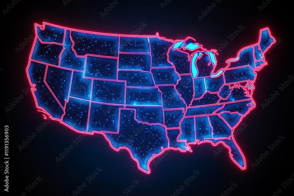 Bright light map of the United States showcasing neon style outlines ...